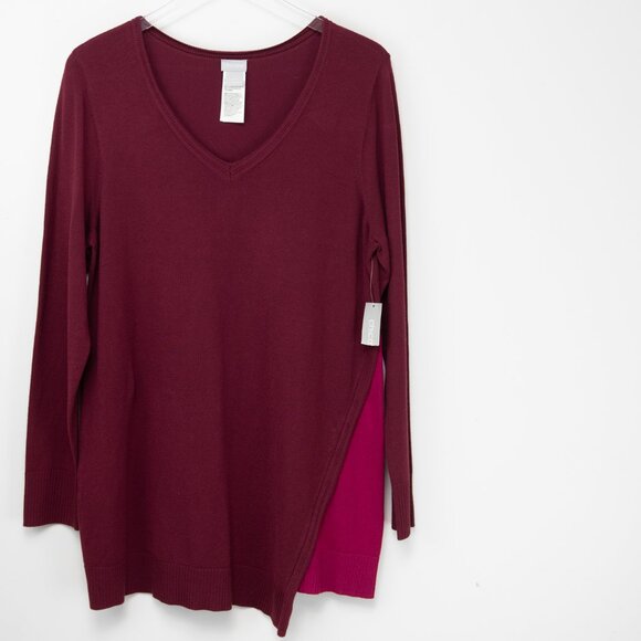 Chico's Colorblock Asymmetrical Tunic Sweater Maroon Size 2 Large New - Picture 2 of 7